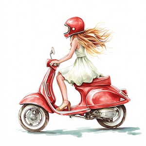 Femme chevauchant un scooter des cliparts, des cliparts fille de scooter d'été, clipart aquarelle imprimable, PNG de haute qualité, téléchargement numérique, créations en papier