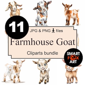 子ヤギの水彩画クリップアート集、農場の動物アート（PNG、JPG）