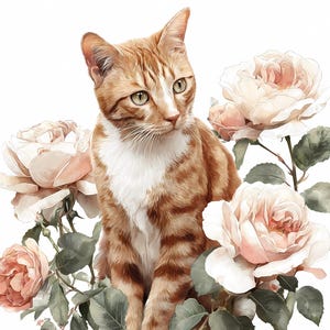 Gember kat met rozen aquarel clipartbundel – Floral kattenportretten PNG JPG-bestanden voor DIY prints, kunst aan de muur, kaarten, huisdierliefhebbers cadeau