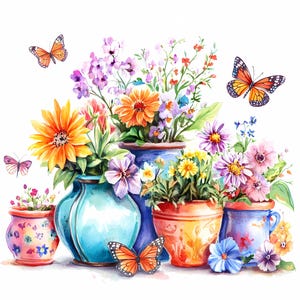 Può includere: Un dipinto ad acquerello di una natura morta con fiori colorati in vari vasi. I fiori includono fiori rosa, viola, gialli e arancioni. Ci sono farfalle in volo, tra cui una farfalla monarca.