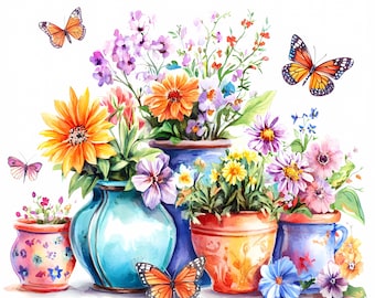Puede incluir: Una pintura al agua de un bodegón con flores coloridas en varias macetas. Las flores incluyen flores rosas, moradas, amarillas y naranjas. Hay mariposas en vuelo, incluida una mariposa monarca.