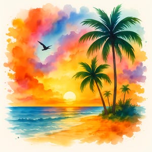 Tropical Sunset PNG Bundle Set of 8, Watercolor Beach Scene Clipart, Palm Tree Ocean Art for Sublimation, Shirts, Wall Prints, Digital Files
