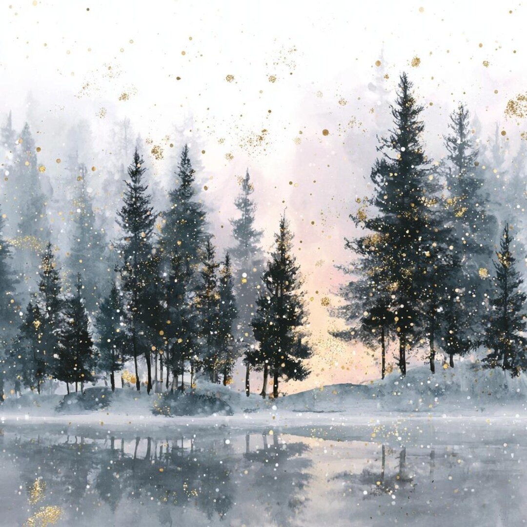 Winter Sunset Watercolor Landscape Art: Nordic Snow Scene Prints ...