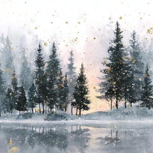 Akvarelllandskapskonst med vintersolnedgång: Nordiska snöscentryck (digital nedladdning, set om 15)