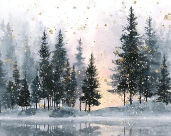 Winter Sunset Watercolor Landscape Art: Nordic Snow Scene Prints (Digital Download, Set of 15)