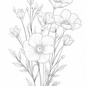 Disegni di fiori selvatici in bianco e nero Clipart, download digitale, Clipart acquerello stampabile, lavori di carta, PNG di qualità 300 DPI, Junk Journal