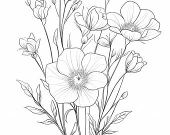 Dibujos de flores silvestres en blanco y negro, clipart, descarga digital, clipart de acuarela imprimible, manualidades de papel, PNG de 300 DPI, diario basura