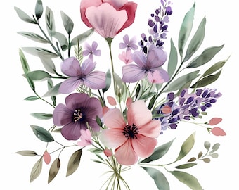 Purple Floral Clipart Bundle: Watercolor Anemone & Rose PNG Set (Commercial Use)