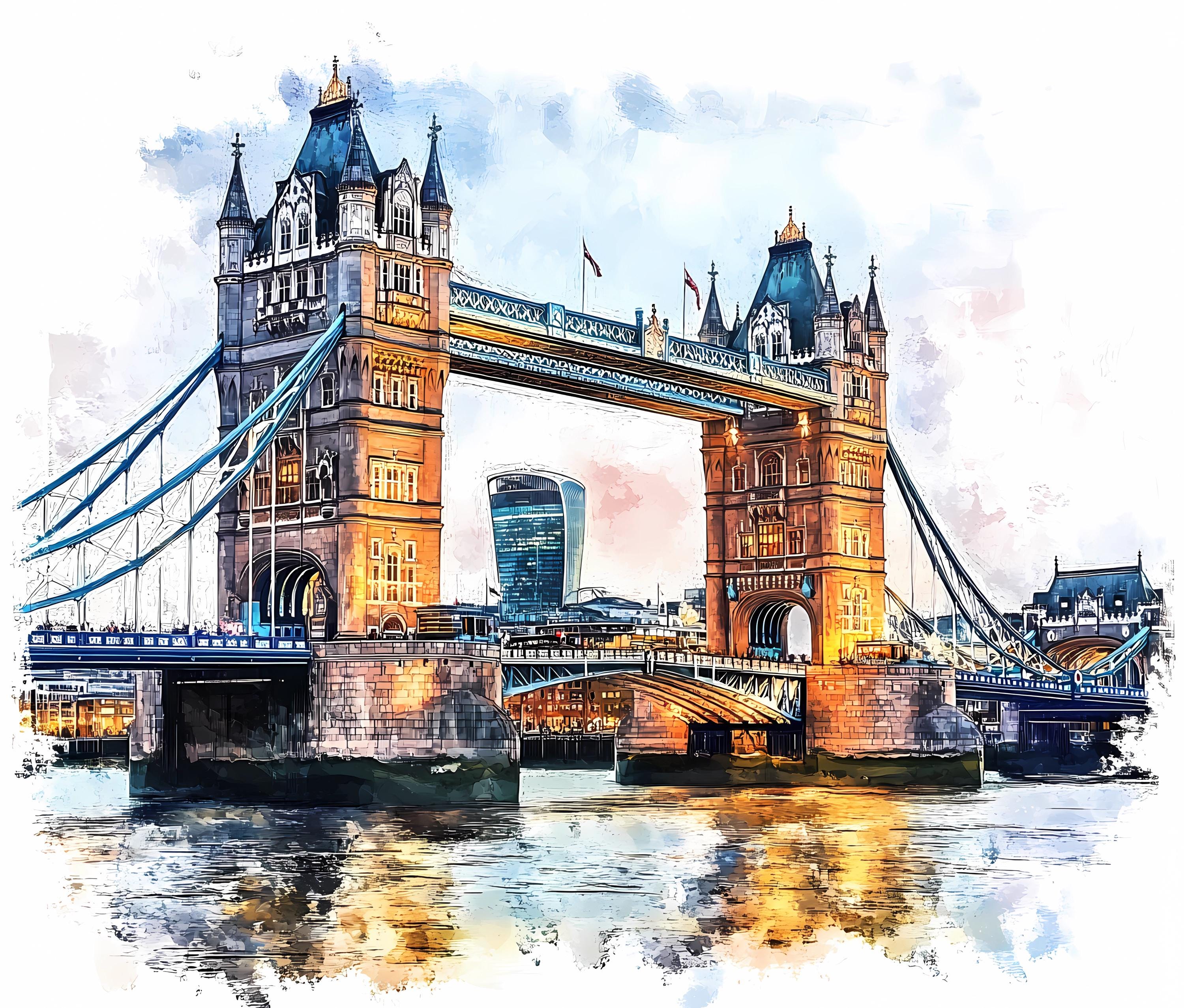 8 Tower Bridge Clipart, London Tower Bride High Quality Watercolor PNGs, Landmark Clipart, London Wall Art, Instant Download Clipart Bundle