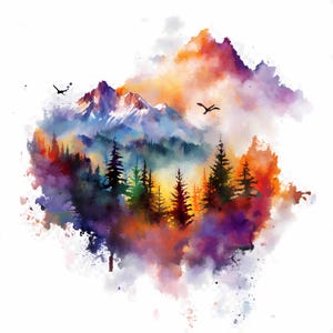 Set di 11 immagini PNG di acquerelli di foreste di montagna, paesaggio al tramonto, arte murale digitale, file ad alta risoluzione per poster, arte murale