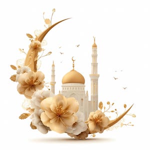 High-quality golden mosque illustration with ornate crescent moon and floral decorations, perfect for Eid Mubarak or Islamic holiday celebrations, featuring detailed domes, minarets and luxury floral elements. Ideal for greeting cards, wall art, DIY projects and printable decorations in Islamic cultural themes. Includes PNG with transparent background and JPG formats for easy use in crafts, sublimation, scrapbooking, digital invitations, and festive design projects.