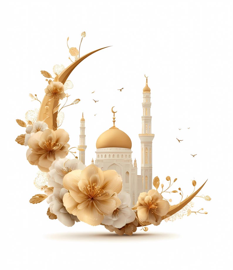 High-quality golden mosque illustration with ornate crescent moon and floral decorations, perfect for Eid Mubarak or Islamic holiday celebrations, featuring detailed domes, minarets and luxury floral elements. Ideal for greeting cards, wall art, DIY projects and printable decorations in Islamic cultural themes. Includes PNG with transparent background and JPG formats for easy use in crafts, sublimation, scrapbooking, digital invitations, and festive design projects.