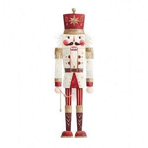Puede incluir: Figura decorativa de cascanueces navideño. La figura viste un uniforme blanco y rojo con detalles dorados. Tiene un sombrero rojo con una estrella dorada y un bigote negro. Una decoración festiva navideña.