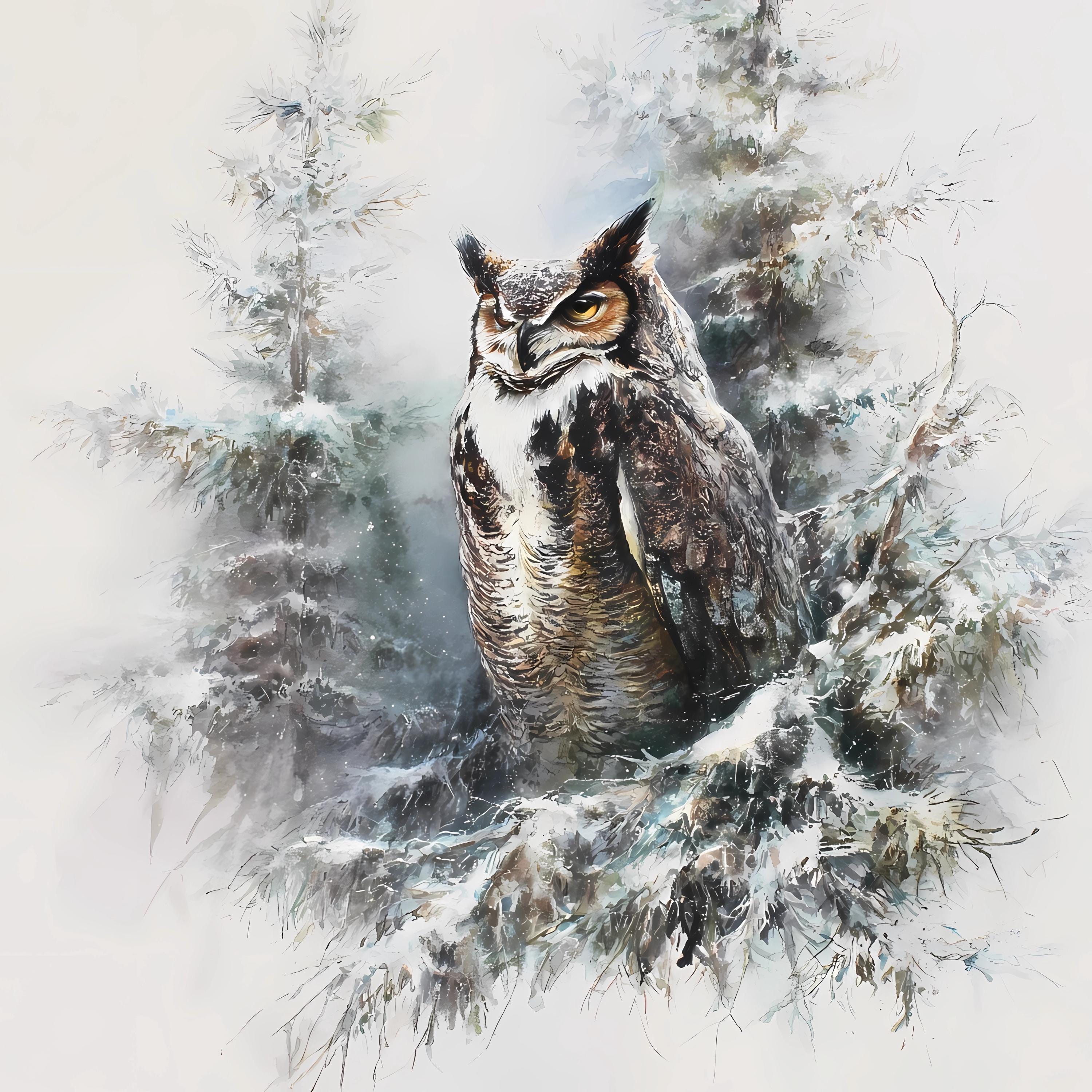 Watercolor Owl Wall Art Bundle Set of 14, Winter Forest Owl Illustrations, Wildlife Animal Prints, W