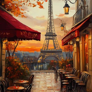Cafe Street a Parigi, Francia, acquerello, stampa su carta tradizionale della Torre Eiffel, PNG di alta qualità, stampa artistica da parete, stampa per bambini, diari spazzatura