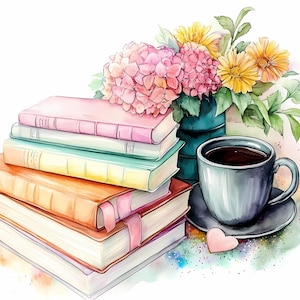 Romantische Bücher und Kaffee Aquarell Clipart Bundle - Gemütlicher Bücherstapel mit Blumen PNG JPG – Pastell Vintage Bücher und Kaffeetassen