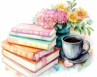 Watercolor Books and Coffee Clipart Bundle: Cozy Cottagecore Art (PNG JPG)