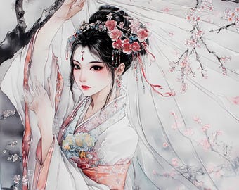 Geisha Clipart Bundle PNG, Japanese Woman Art Set of 8, Traditional Kimono Illustration, 475