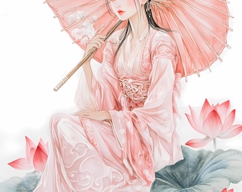Watercolor Geisha Clipart Bundle, Japanese Garden and Temple Scenes PNG, 141