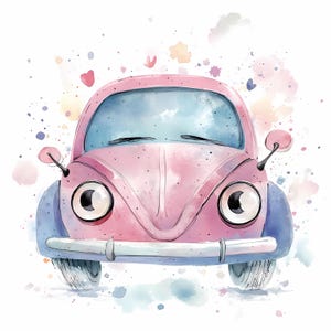 Vintage Beetle voiture, lot de 10 cliparts | Illustration de scarabée aquarelle de haute qualité | Clipart voiture hippie | Créations en papier | Clipart chambre d'enfant garçon