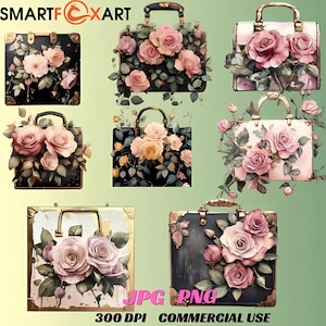 Lot de cliparts élégants avec des roses - Illustration de sac à main floral noir et rose - Sac à main de luxe avec roses - PNG et JPG transparents