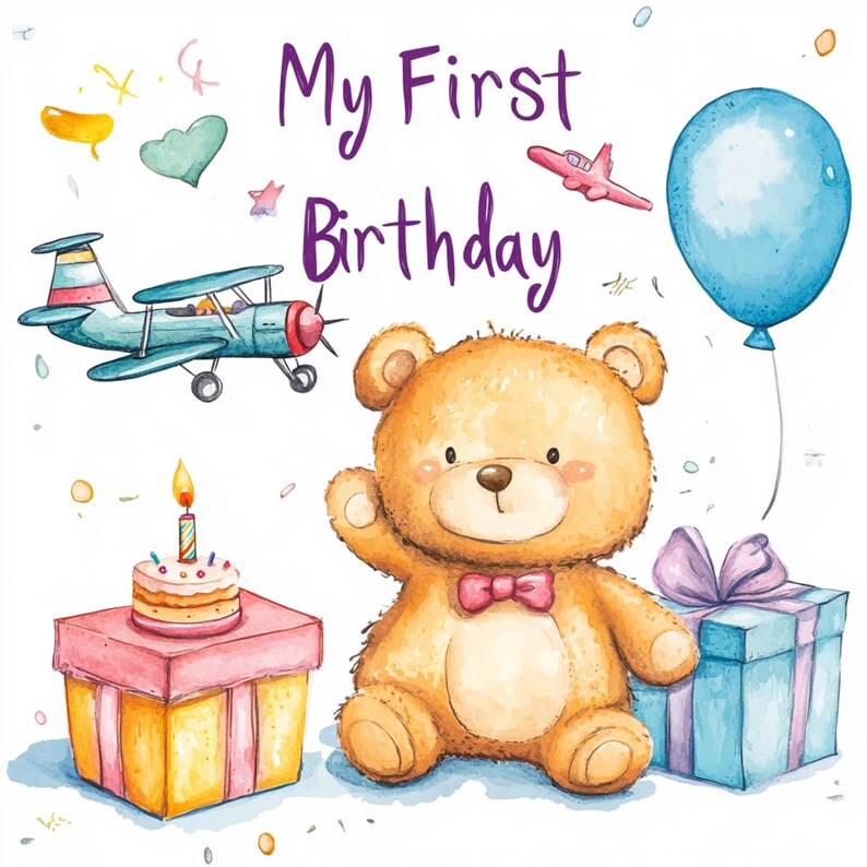 Watercolor Teddy Bear 1st Birthday Clipart Set (digital Download ...