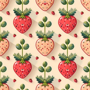 Seamless summer fruit pattern featuring stylized strawberries in a balanced repeating layout, designed to evoke freshness and sweetness, perfect for textile prints, surface design collections, home decor accents, children illustrations, creative paper projects, branding elements, and cheerful seasonal backgrounds.