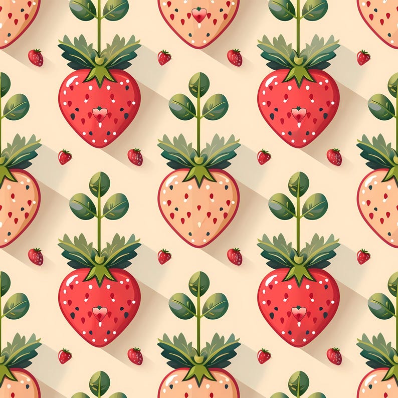 Seamless summer fruit pattern featuring stylized strawberries in a balanced repeating layout, designed to evoke freshness and sweetness, perfect for textile prints, surface design collections, home decor accents, children illustrations, creative paper projects, branding elements, and cheerful seasonal backgrounds.