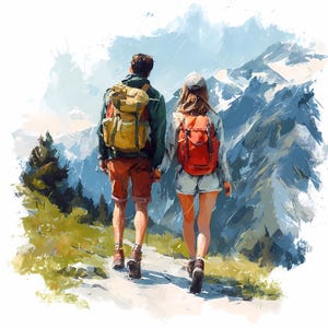 May include: Watercolor illustration of a couple hiking on a trail, holding hands. They wear backpacks and hiking boots, with a mountain range in the background. The man's backpack is yellow, and the woman's is red. The man wears red shorts, and the woman wears white shorts.