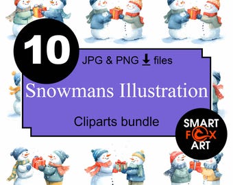 水彩画風雪だるまクリスマス クリップアート バンドル 10点セット：ホリデー PNG JPG、デジタルダウンロード、1635
