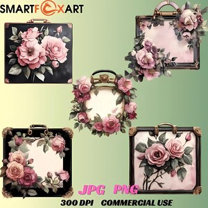 Ensemble de cliparts de luxe rose rose et or - Illustration aquarelle de sac à main floral, art de la mode romantique PNG JPG DIY imprimable Bundle