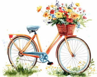 Watercolor Floral Bicycle Clipart Set, Digital Download PNG JPG