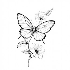 Bundle de pages à colorier papillon et fleurs, 8 fichiers JPG PNG, papillon avec dessin au trait éléments floraux pour travaux manuels, sublimation, dessins de tatouage