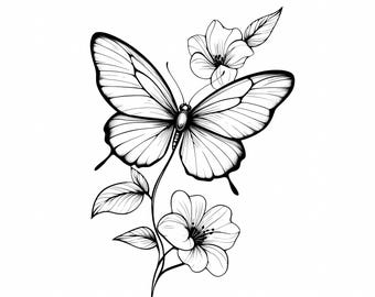 Paquete de páginas para colorear de mariposas y flores, 8 archivos PNG y JPG, mariposas con elementos florales, arte lineal para manualidades, sublimación y diseños de tatuajes.