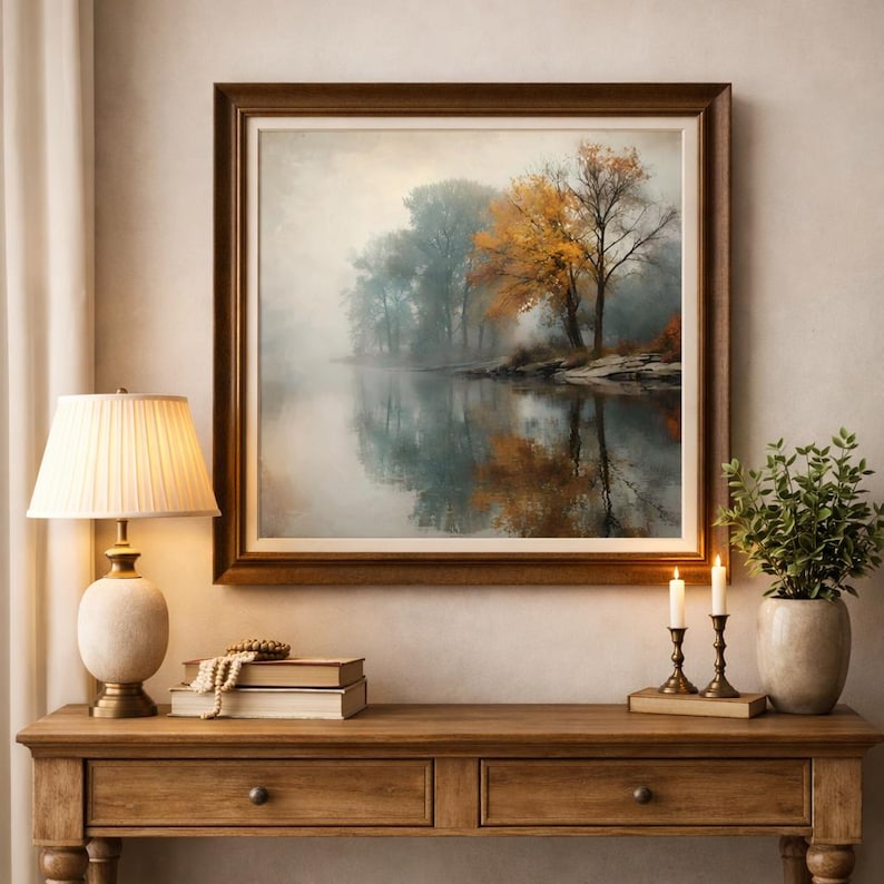 Misty Autumn River Watercolor Printable Wall Art Calm Nature Lake Decor ...