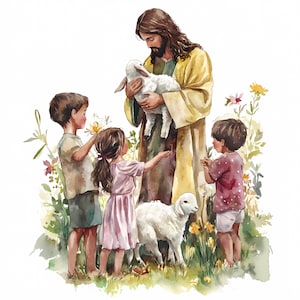 9 Pâques Jésus avec enfants Bundle Clipart PNG, aquarelle mignonne Pâques chrétienne PNG, Clipart printemps Png, Pâques croix Png, jour de Pâques Png
