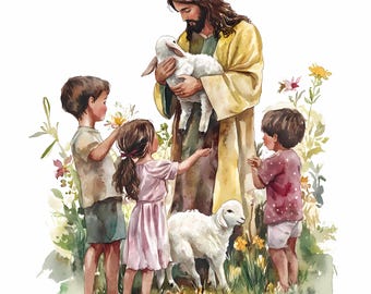Watercolor Jesus with Kids Clipart Bundle: Christian Easter PNG (Digital Download)