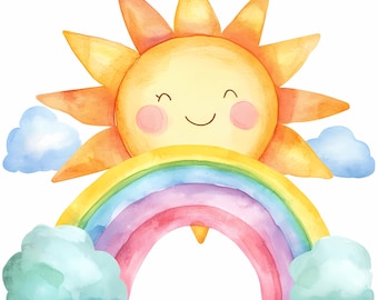 8 Sun and Rainbow Clipart, Nursery Rainbow, Printable Watercolor clipart, High Quality PNGs, Digital download, High Resolution, Paper craft
