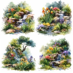 May include: Watercolor painting of four garden scenes with small waterfalls, rocks, and vibrant flowers. The artwork features orange, yellow, purple, and red blooms, with lush green foliage. The style is soft and impressionistic, evoking a sense of tranquility.