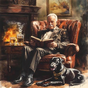 Vintage Gentleman und Hund am Kamin 9er Set - Aquarell Clipart Bundle für Wand Kunst und Print-Projekte - PNG hohe Auflösung als Download