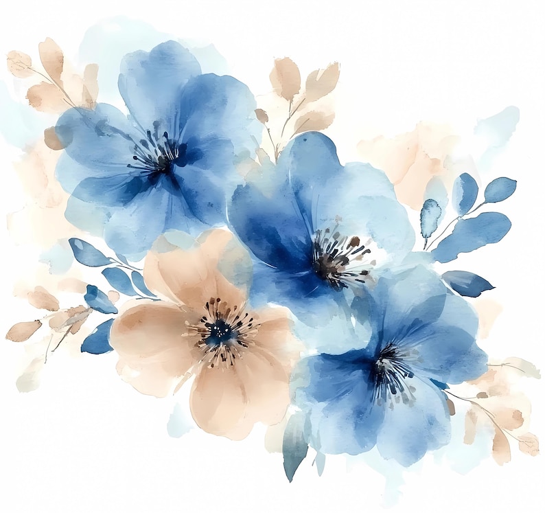 Blue Watercolor Floral Clipart Bundle: PNG & JPG, Botanical Art ...