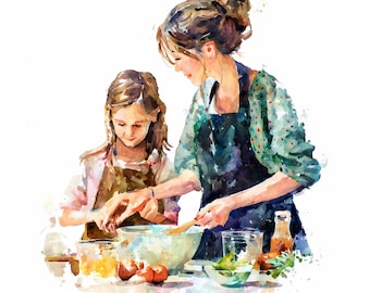 Watercolor Mother Daughter Cooking Clipart Bundle: Kitchen Art, PNG JPG Digital Download