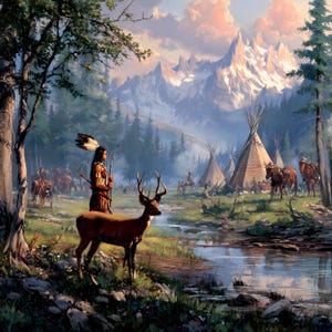 May include: A scenic painting depicts a Native American figure with a bow and arrow, standing near a deer. Teepees and horses are in the background, with mountains and a river. The artwork features a serene landscape with a warm color palette.