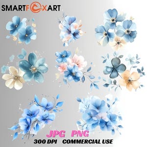 Blaues Aquarell Blumen Clipart Bundle - Transparente PNG und JPG - Botanische Pastellblumen für Sublimation, Wandkunst und Kunsthandwerk