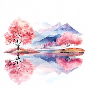 Paquete de lago con flores de cerezo, paisaje de montaña rosa, acuarela PNG JPG, estilo japonés, arte mural natural, paisaje primaveral, flores de Sakura, clip art