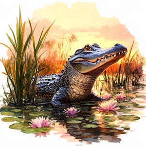 May include: A large alligator with a dark grey and black patterned skin is swimming in a swamp. The alligator is looking to the right of the image. The swamp is filled with green reeds and lily pads with pink flowers.
