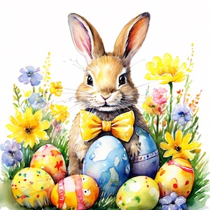 Easter Bunny Watercolor Clipart – Cute Spring Bunny with Flowers PNG, Printable Easter Art for Sublimation, DIY Cards, Kids Crafts, Digital