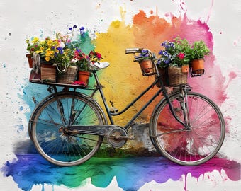 Floral Bicycle Clipart PNG JPG Bundle, Vintage Bike with Flowers, Romantic Decor