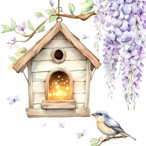 Clipartbundel vogelhuisje en blauweregen, 9 paarse bloemen aquarel png, vogelhuisje lente digitale download, DIY-sublimatie- en afdrukbestand