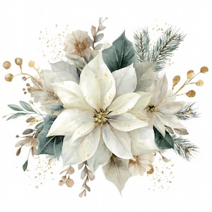 白いポインセチアのクリスマス クリップアート バンドル: 花柄 PNG JPG セット